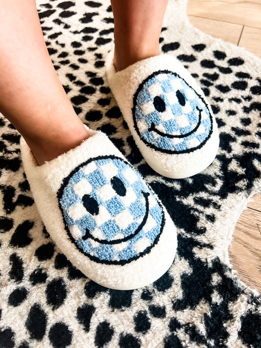 Loving God | Blue Checkered Smiley Ultra - Soft Slippers - Loving God